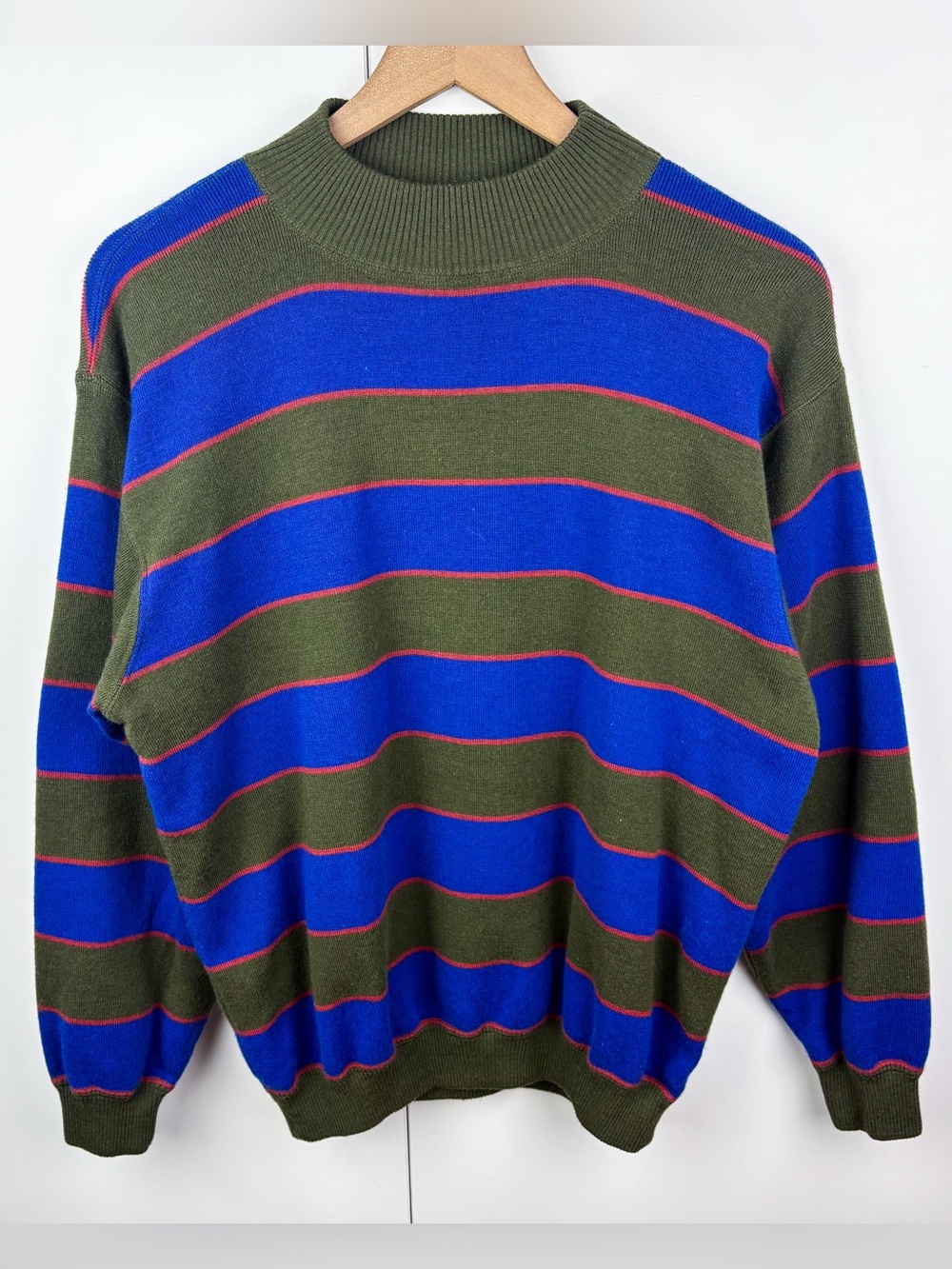 Vintage Wool Sisley Made in Italy Cobalt Blue Olive Green Bold Striped Sweater